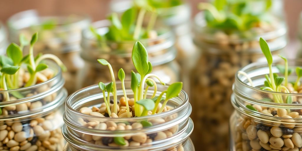 Sprouting jars filled with vibrant green sprouts.