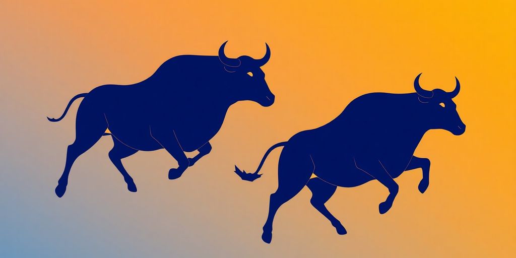 Two bulls in motion on a vibrant background.
