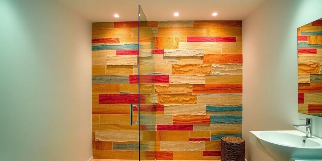 Stylish bathroom with accent wall and creative lighting.
