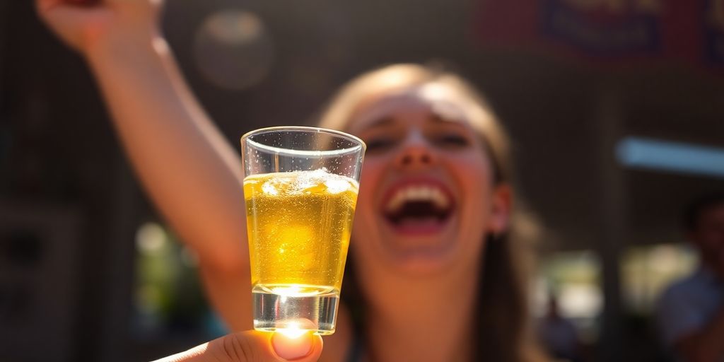 Laughing person holding a colorful tequila shot glass.