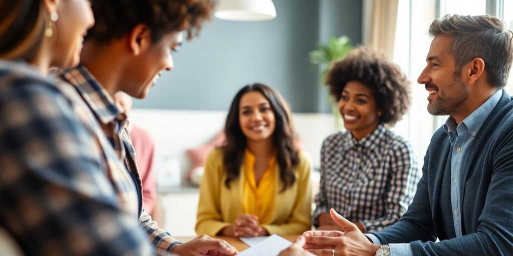 Diverse group discussing home loans with a consultant.