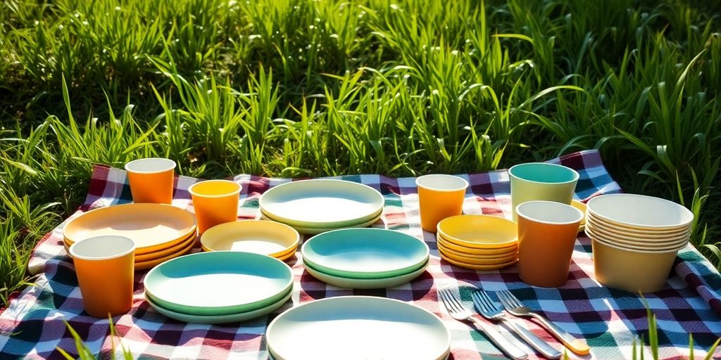 Compostable picnic items arranged outdoors.