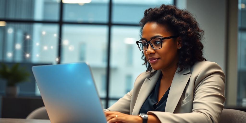 Lawyer in modern office with digital marketing elements.