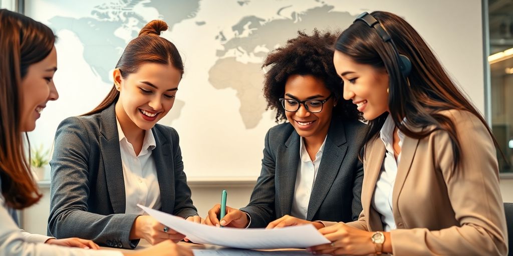 Diverse professionals collaborating on patent documents in an office.