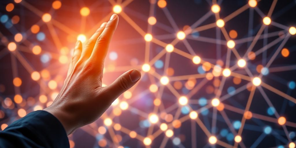 Human hand interacting with glowing digital network.