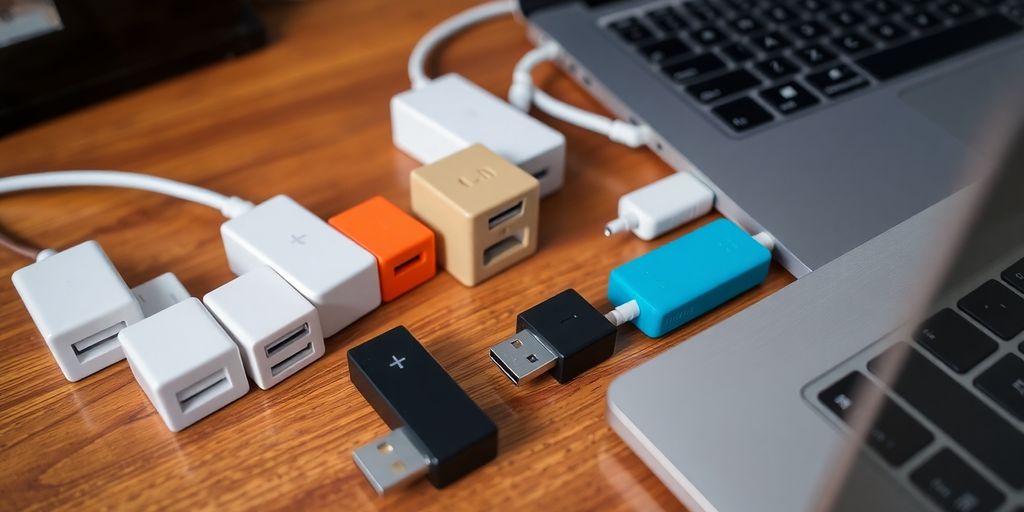 Vários adaptadores e hubs USB sobre uma mesa de madeira.