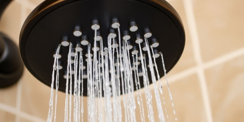 Oil rubbed bronze showerhead, water streaming, modern bathroom.