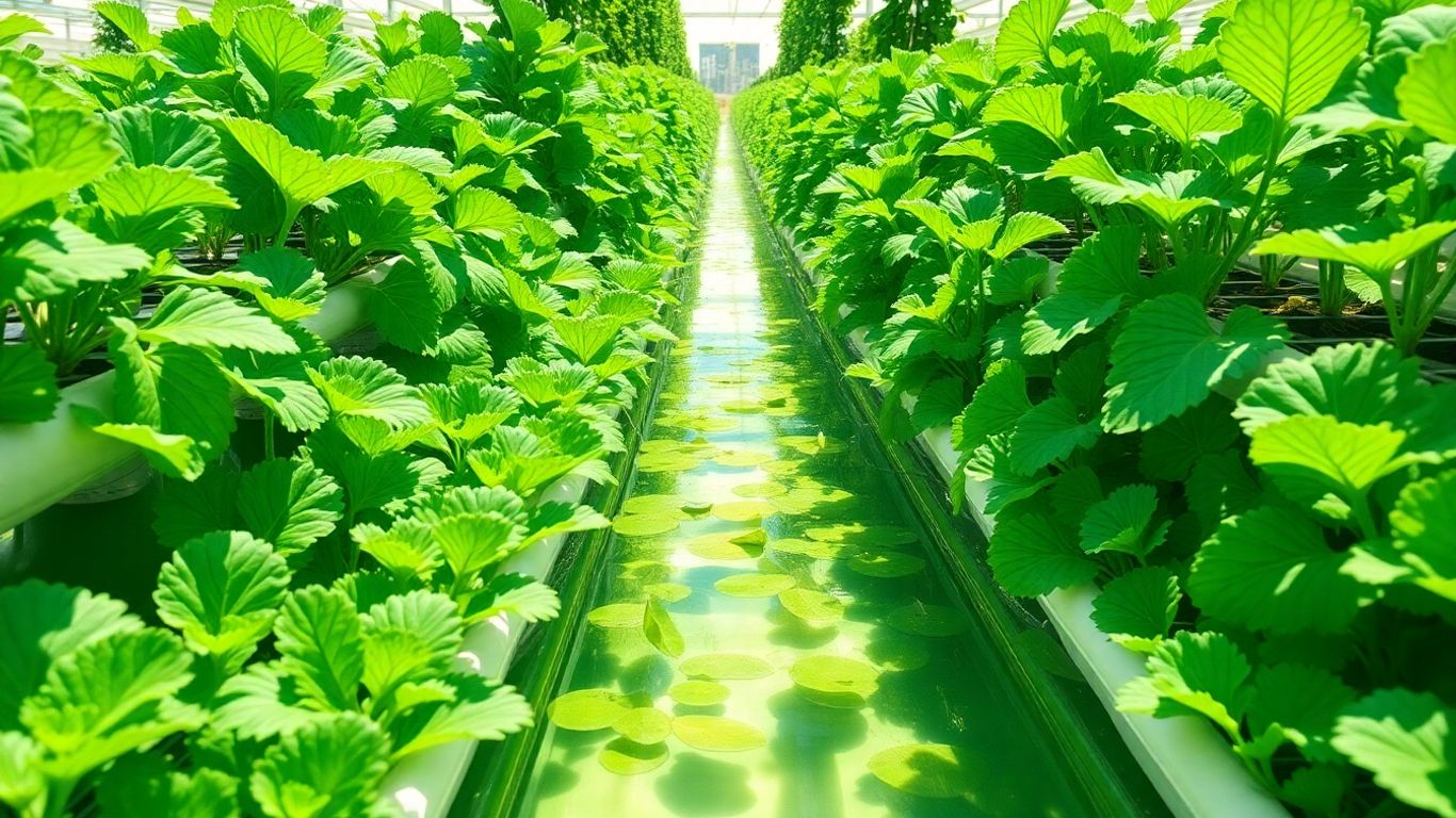 Lush green vegetables growing in a hydroponic system.