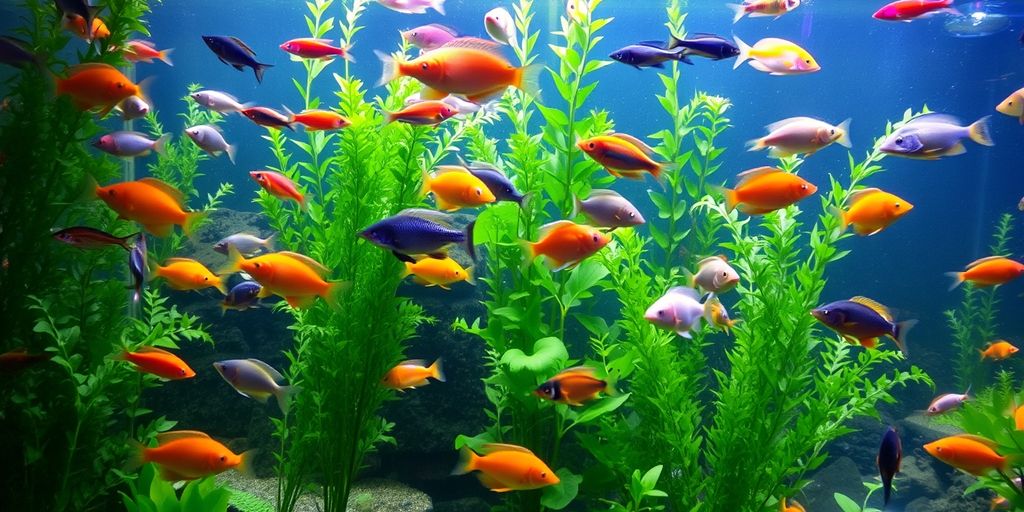 Peces de agua dulce coloridos en una escena de acuario animada.