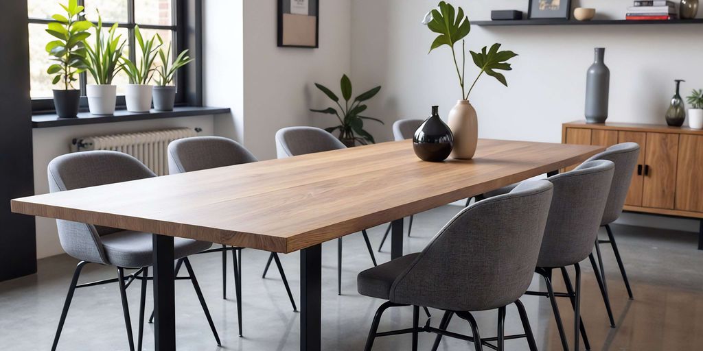Modern dining area with a wooden table and stylish chairs.