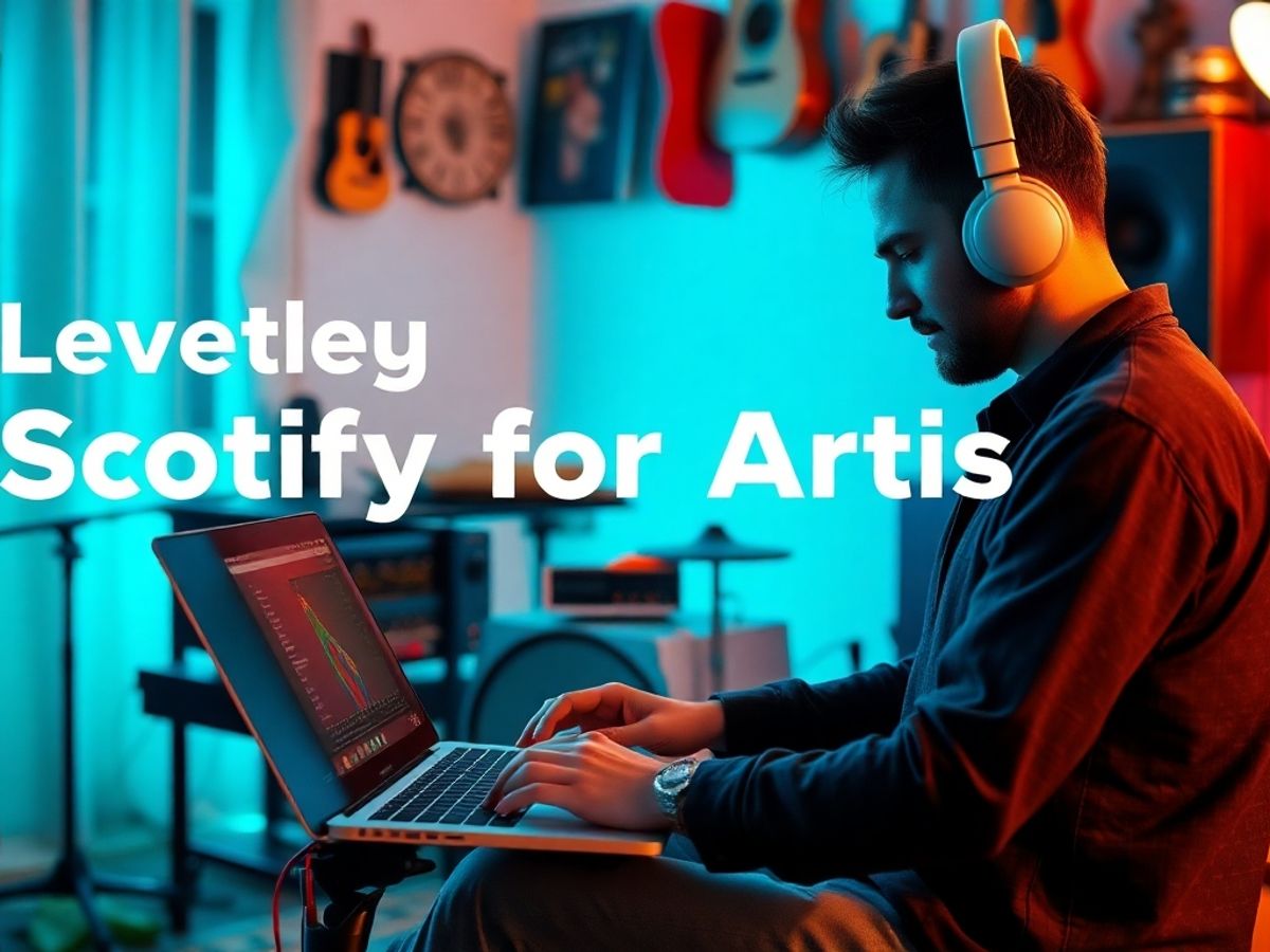 Musician in home studio with laptop and instruments.