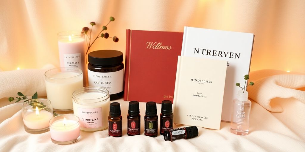 Wellness gifts including candles and essential oils.