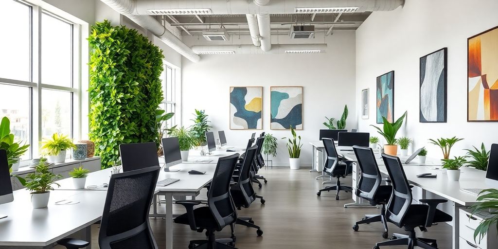 Office walls with vibrant plants and modern art.