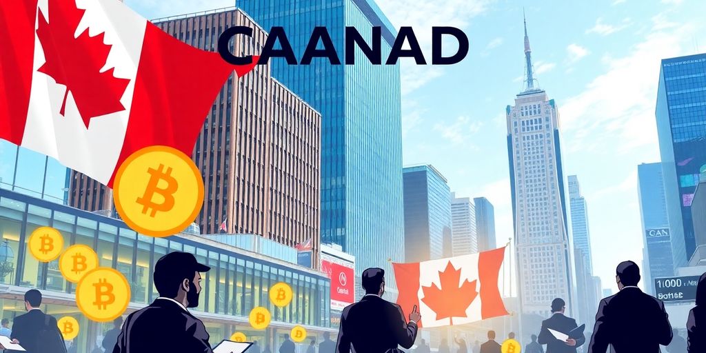 Vibrant Canadian cityscape with traders and digital finance elements.