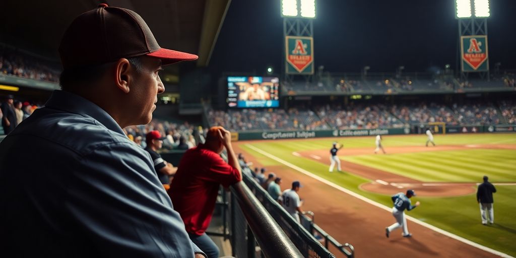 Baseball manager watching game, team plays.