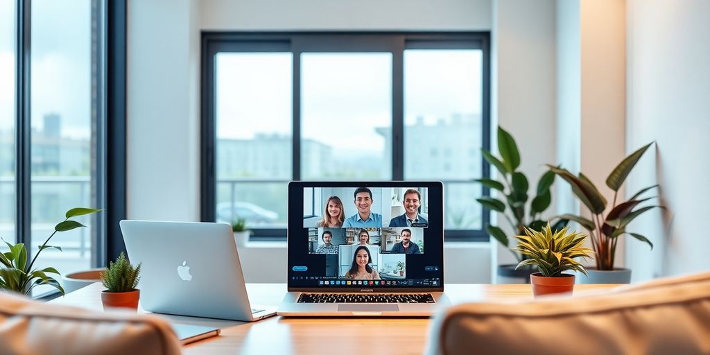 Modern workspace for virtual meetings with laptop and plants.