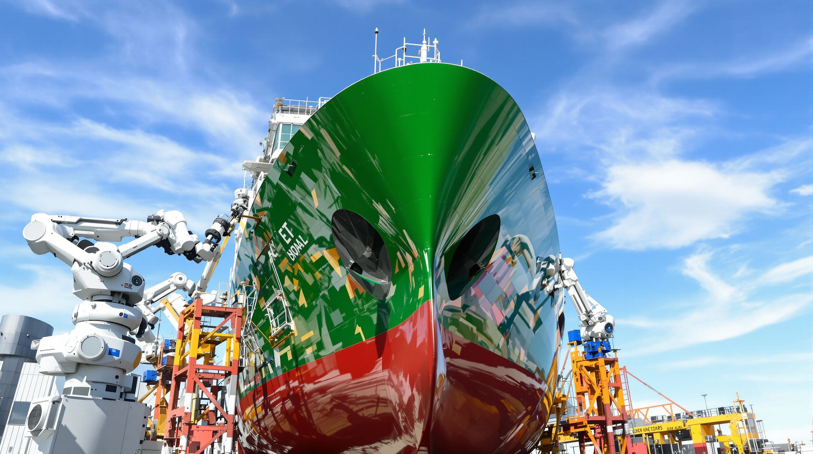 Modern shipyard building an advanced green ship.