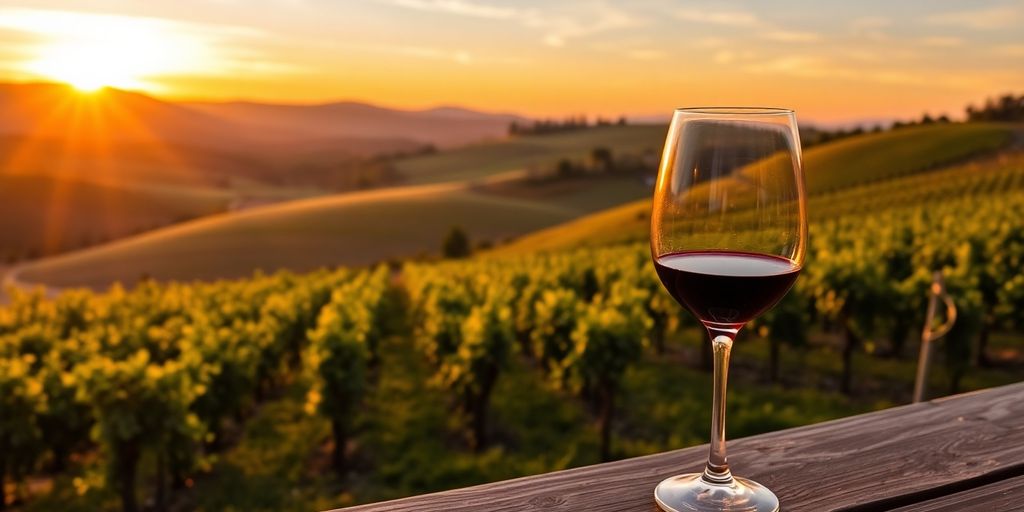 Vineyard landscape with grapevines and a wine glass.