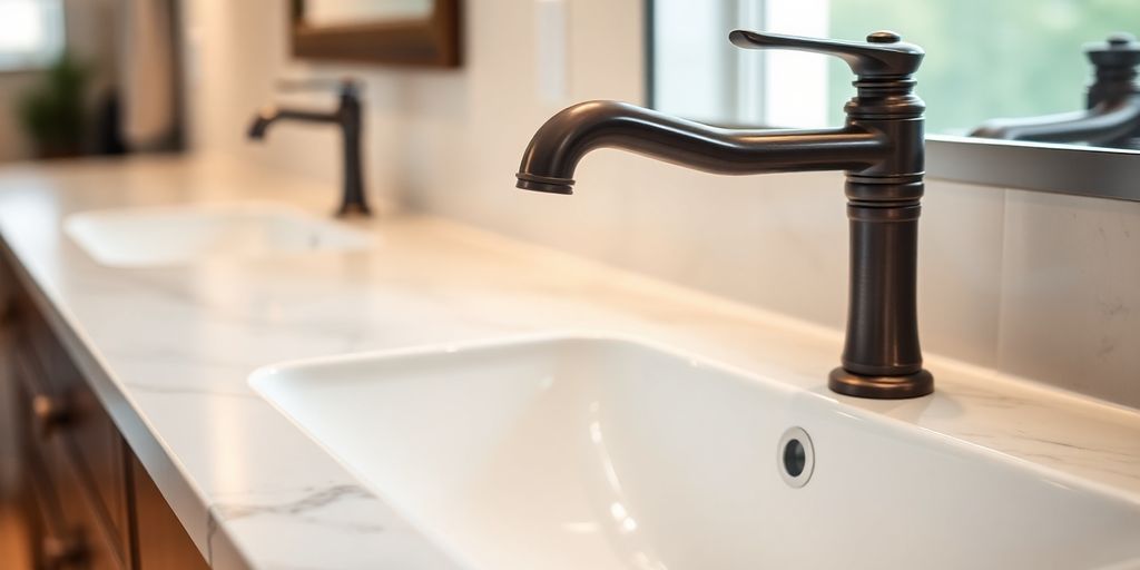 Oil rubbed bronze faucet in luxurious bathroom.
