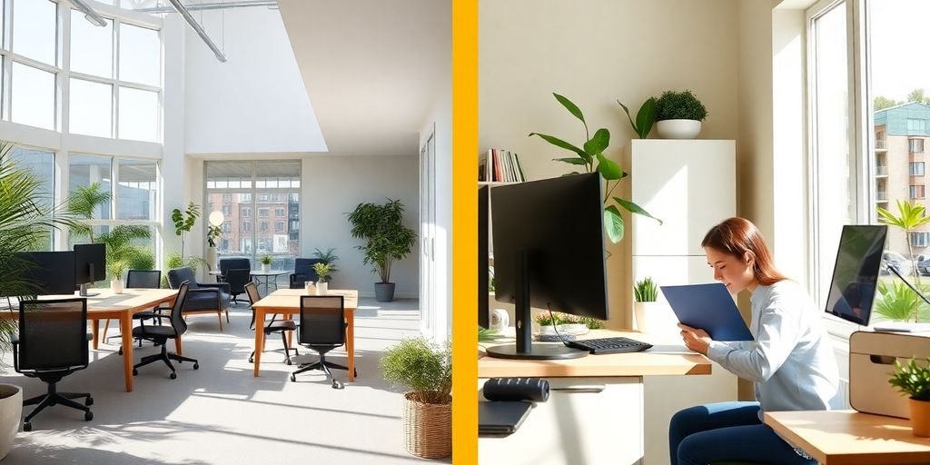 Menschen arbeiten in einem modernen Büro und zu Hause.