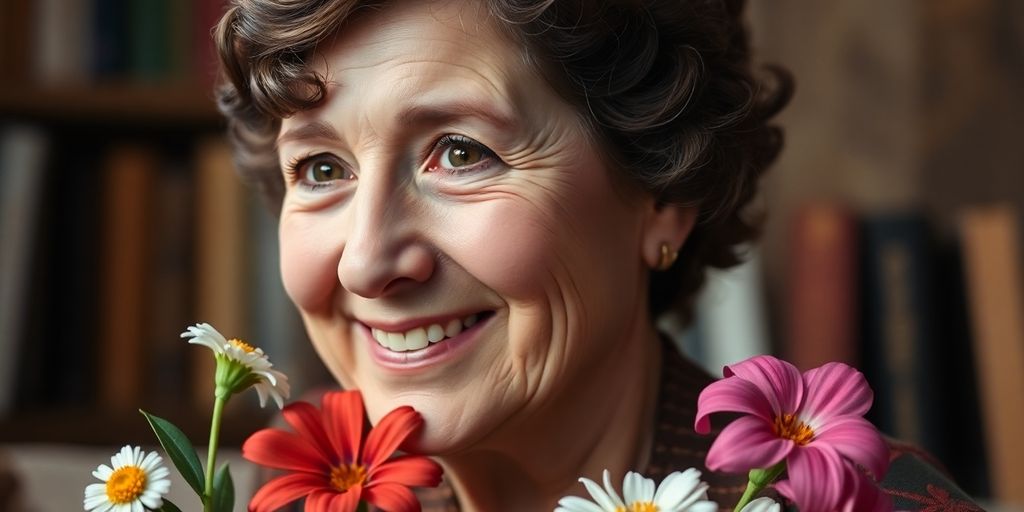 Helen Keller smiling with books and flowers around her.