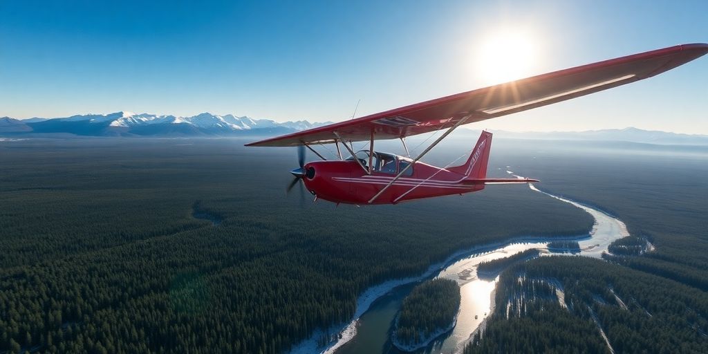 A small red plane flies over a snowy mountain range.