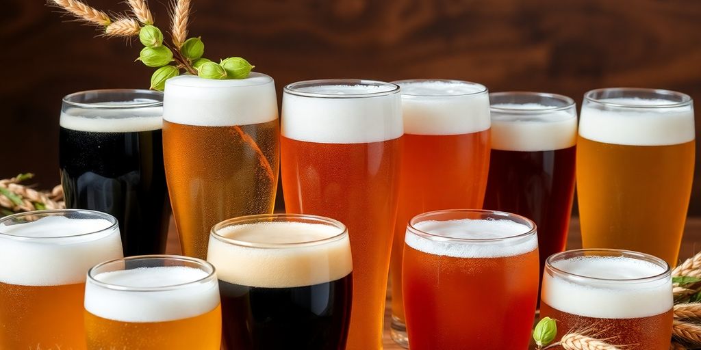 Frosted glasses filled with craft beer and hops.