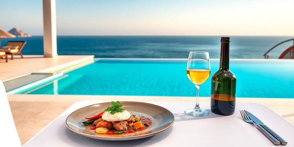 Luxurious Cabo villa dining with gourmet meal prepared by chef.
