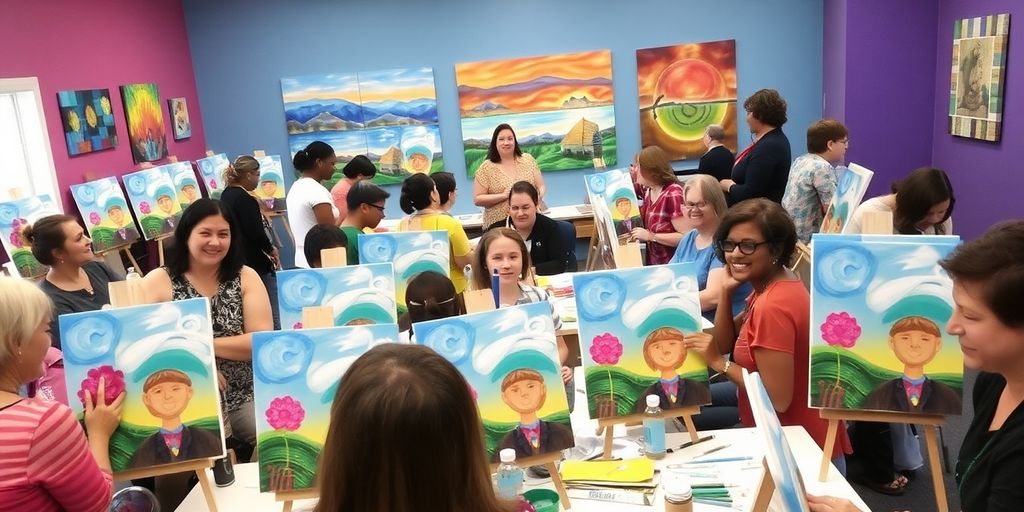 Participants enjoying a lively painting class in Colorado Springs.