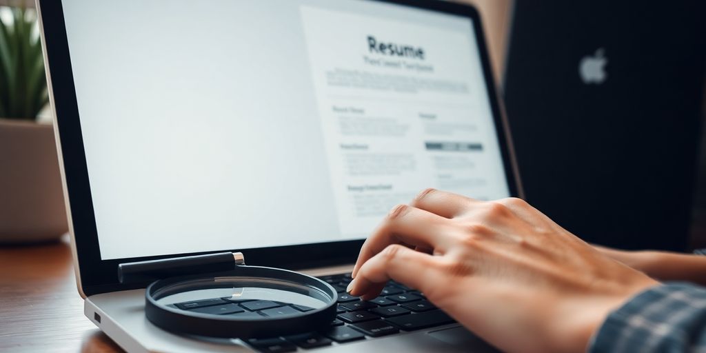 Laptop with resume and magnifying glass