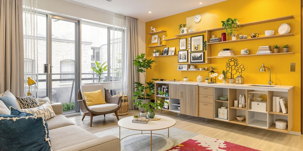 Modern small space renovation with stylish furniture and decor.