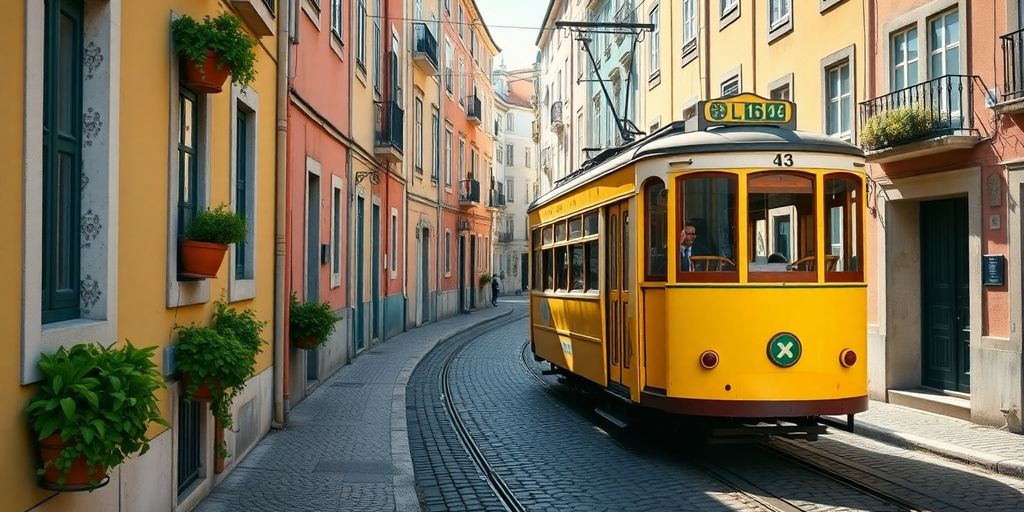 Historic Lisbon street with yellow tram.