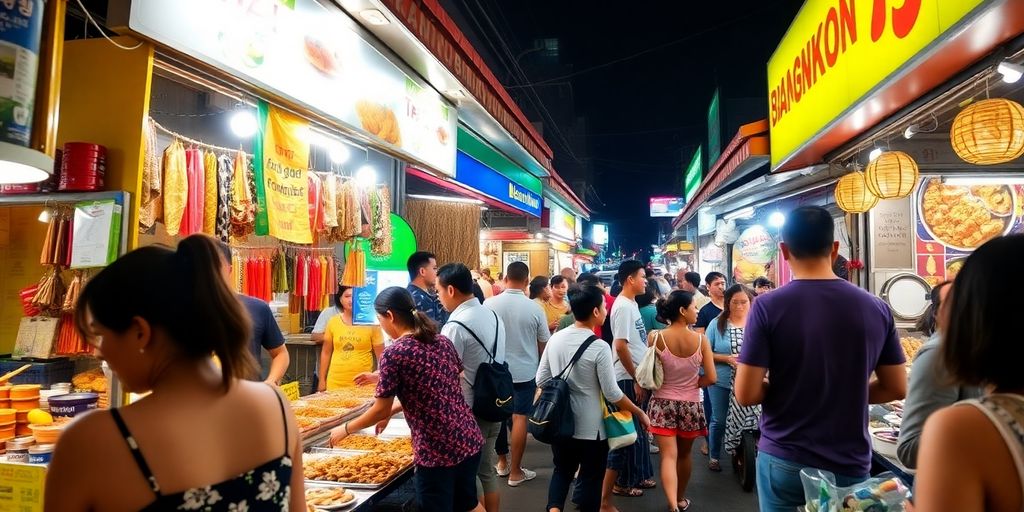 Colourful street food stalls in Bangkok bustling with diners.