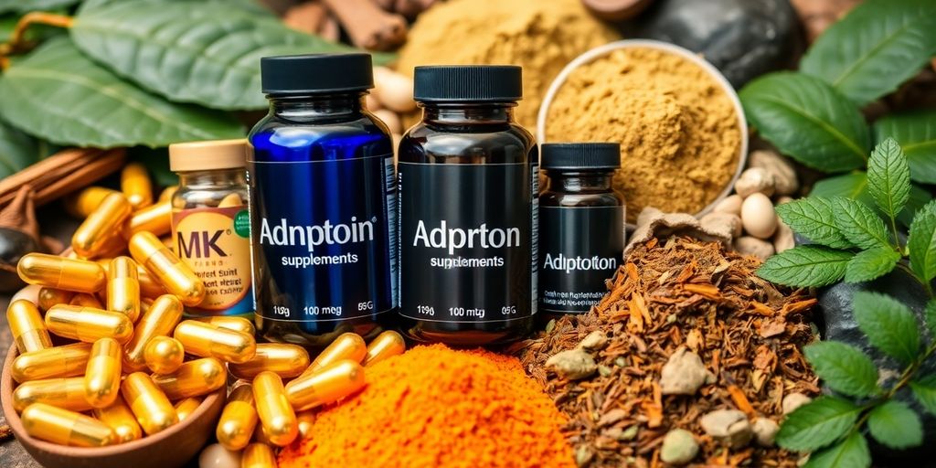 Colorful adaptogen supplements on a rustic wooden background.