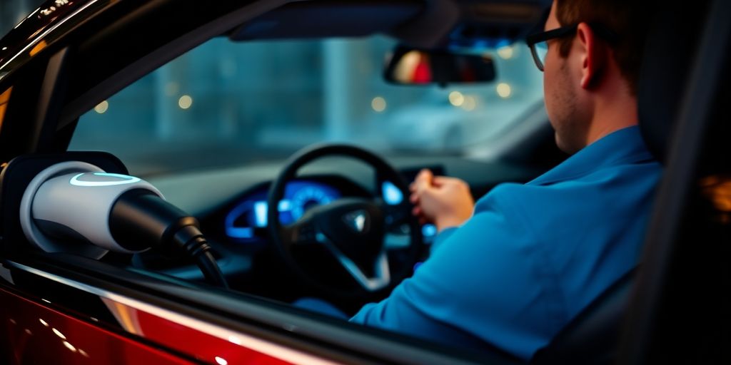 Person inside electric vehicle, charging.