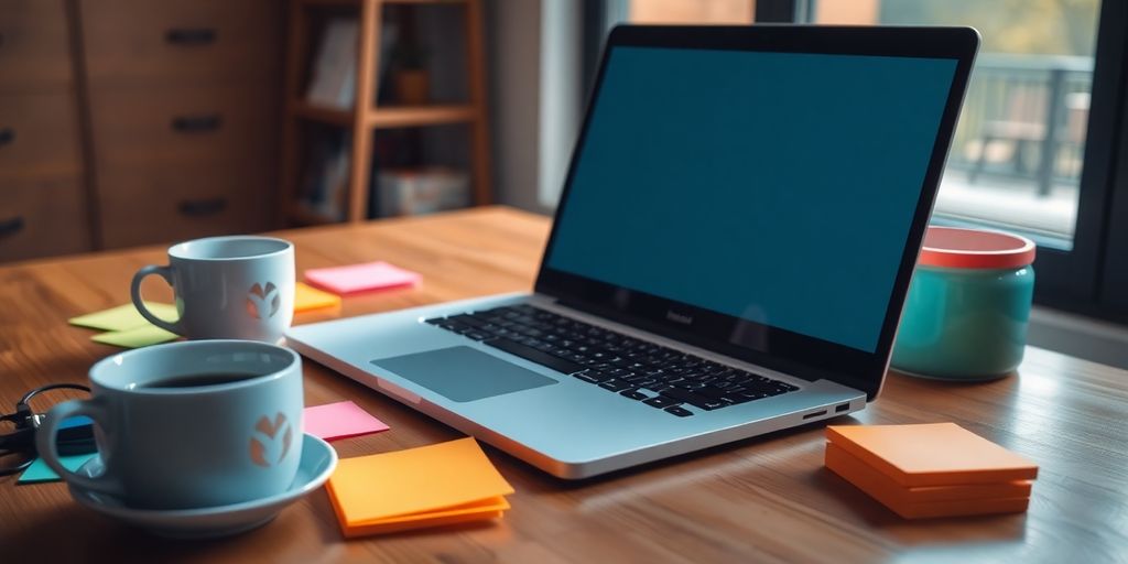 Laptop on desk with sticky notes and coffee cup.