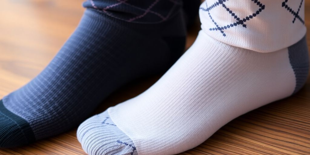 Stylish diabetic dress socks arranged on a wooden surface.
