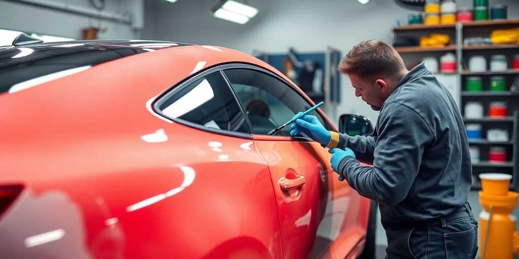 Auto painter working on a colorful car in a workshop.