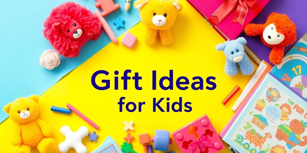 Colorful toys and books for children's gift ideas.