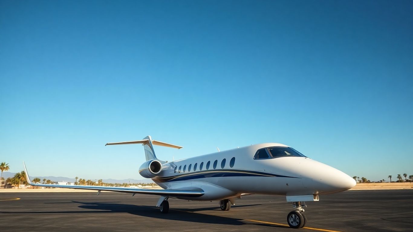 Private jet on tarmac with palm trees in background.