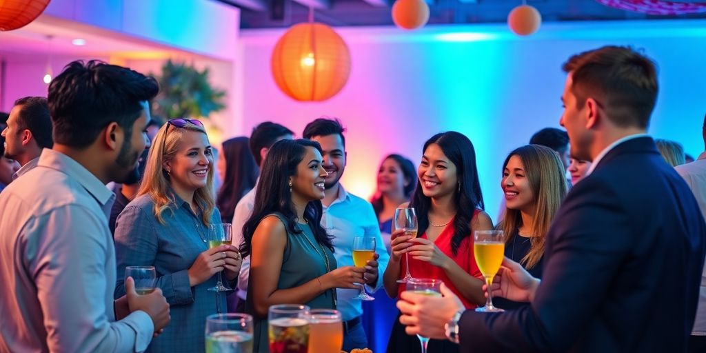 Diverse professionals networking at a lively party scene.