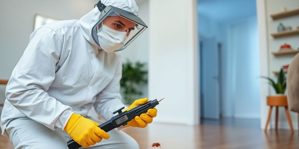 Tehnician deratizare inspectând o zonă infestată cu purici.