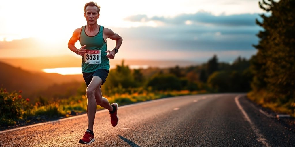 Runner focused on completing a marathon in nature.