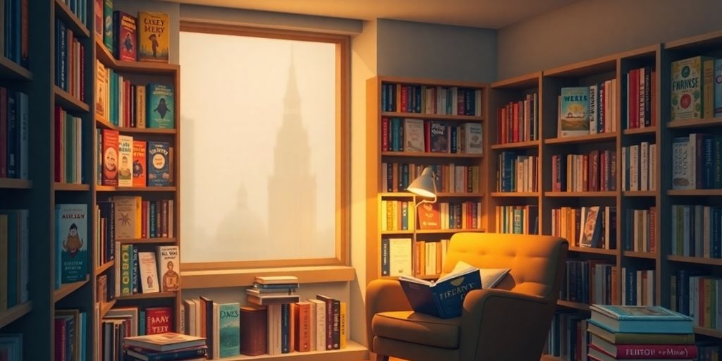 A cozy reading nook with colorful book covers.