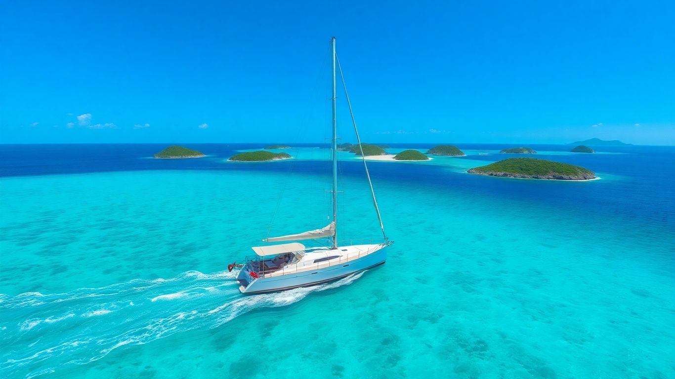 Sailboat sailing through turquoise waters near green islands.