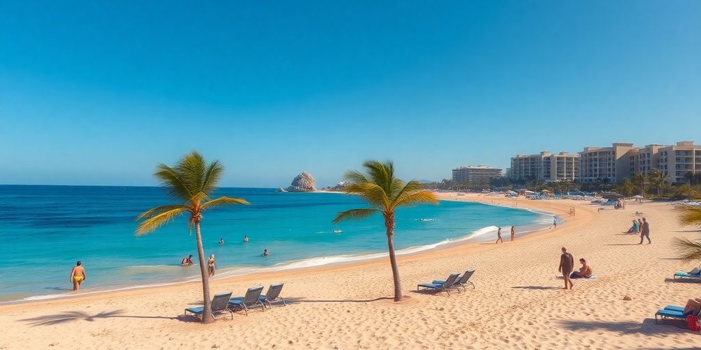 Tourists relaxing on a beach by the ocean.