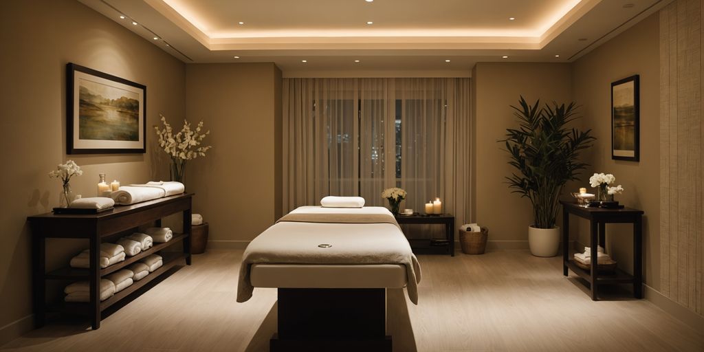 Serene spa room with massage table and soft lighting.