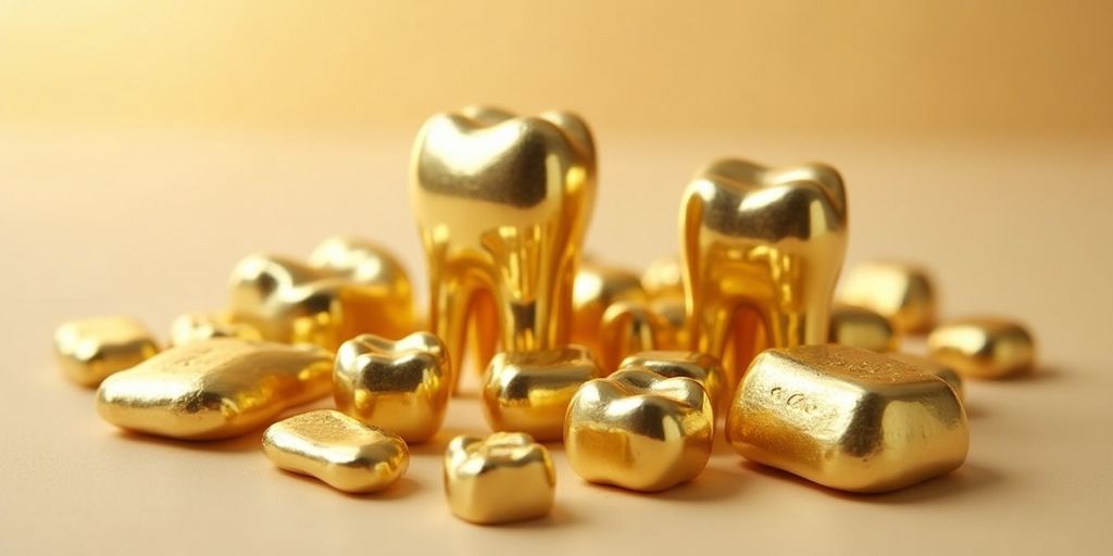 Pièces d'or dentaire brillantes sur fond neutre.