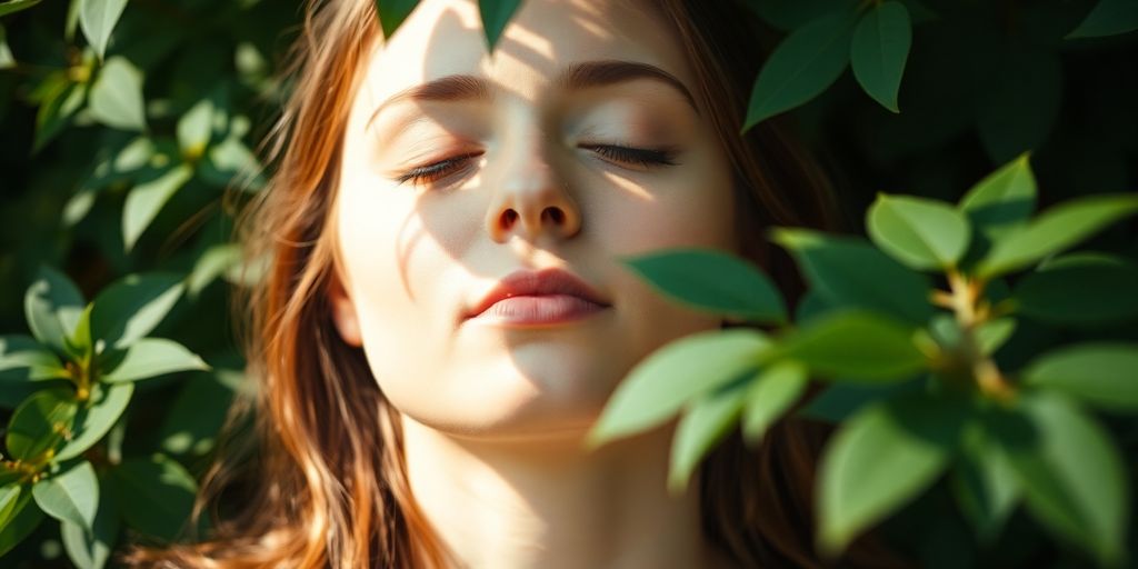 Woman peacefully meditating in a serene natural setting.