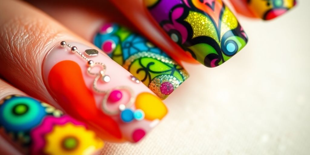 Unhas artisticamente decoradas com cores vibrantes.